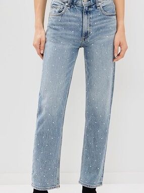 High-Rise Blue Denim Jeans with Pearl Accent
